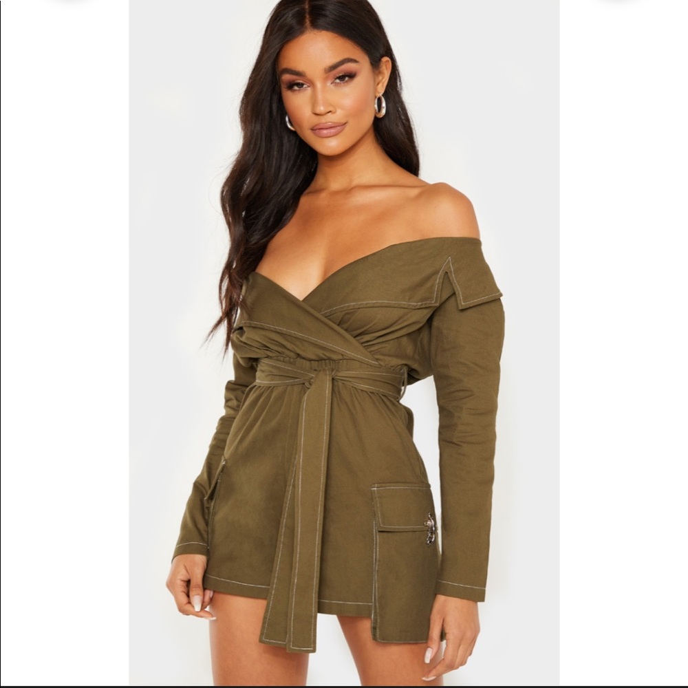 Khaki Utility Tie Waist Bardot Romper